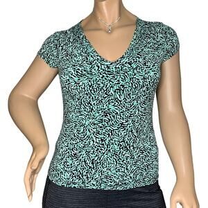 Susan Lawrence Top Short Sleeve V-Neck Black Green and White Size L